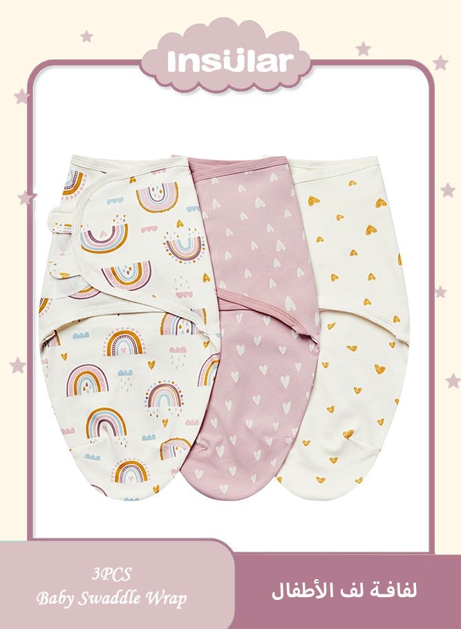 insular 3 Pack Baby Swaddle, 100% Cotton Newborn Swaddle Wrap, Adjustable Wearable Sleep Sack with Hook and Loop Fastener for Infant 0-4 Months, Soft Breathable Swaddling Blanket for Girls and Boys, Pink - Image 1